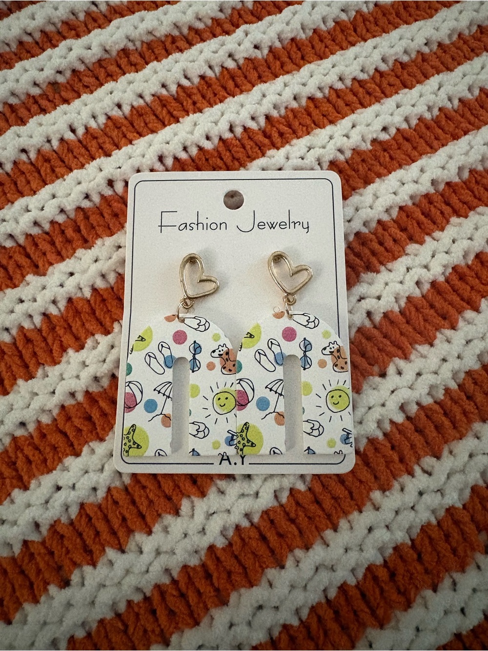 Gold Heart Dangle Earrings with White Patterned Arches - Fashion Jewelry